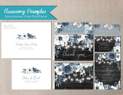 Elegant Rustic Dusty Blue Floral Summer Wedding Invitation Personalized Gray Barn Wood Glowing Lights Shimmery Printed Invitations Envelopes