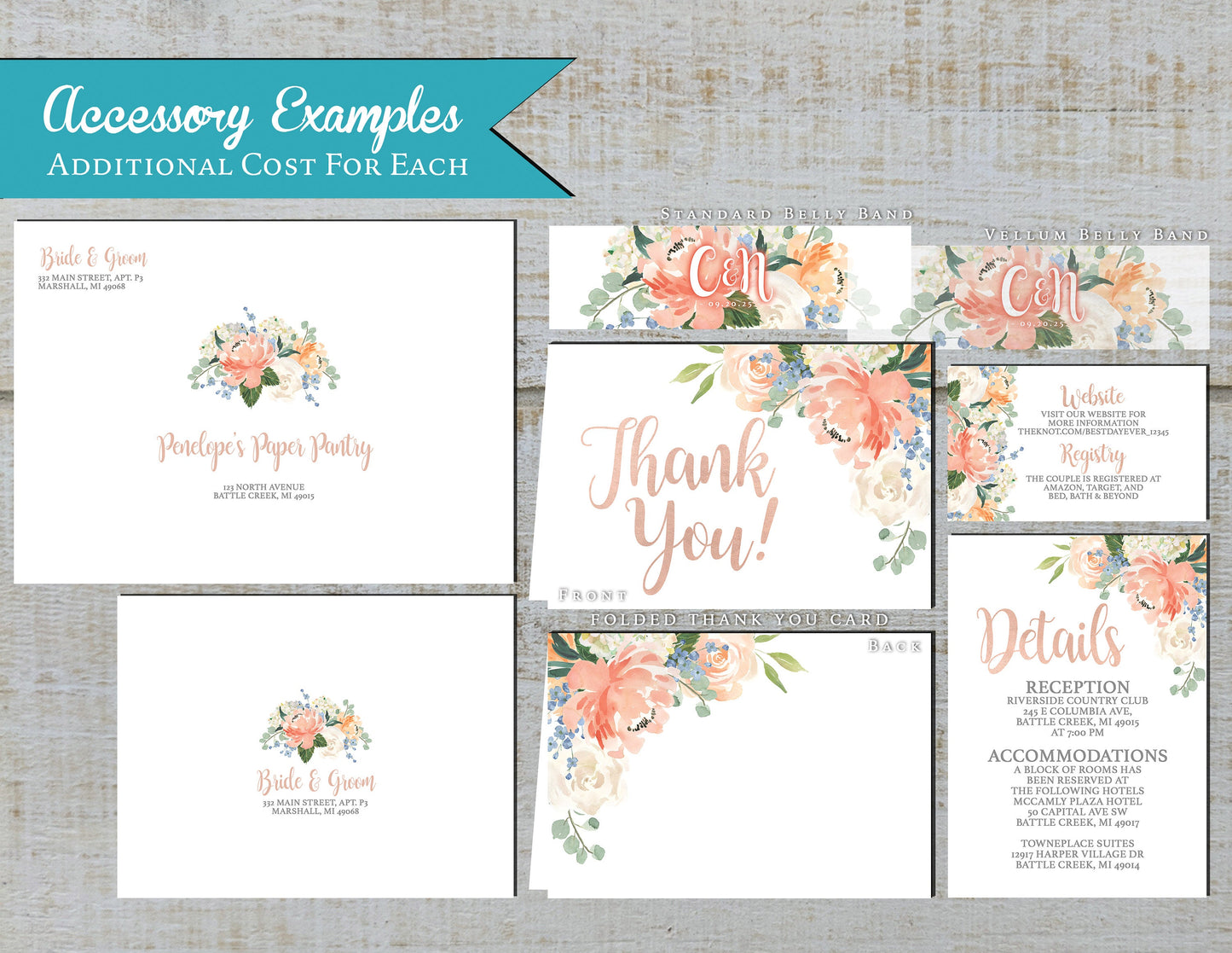 Peach and Ivory Rose Florals on White Background Summer Wedding Invitation, Set, or Suite