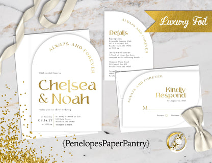 Die Cut Arch Gold Foil Modern Type on White Paper Traditional Wedding Invitation, Sets, or Suite