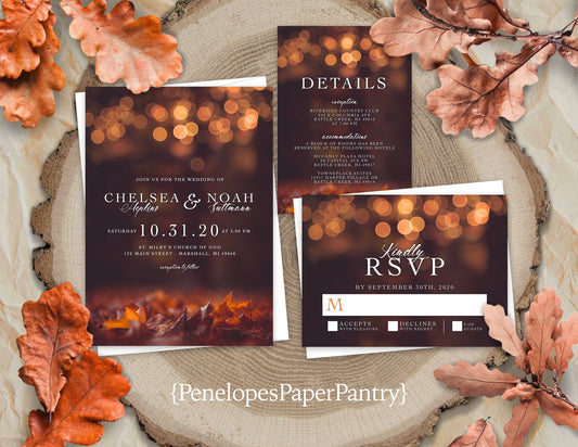 Romantic Fall Wedding Invitation – Burnt Orange Bubble Lights & Autumn Leaves – Personalized Shimmery Printed Invitation with Envelope Included