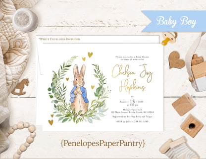 Peter Rabbit Baby Shower Invitation,Peter Rabbit Baby Shower Invite,Peter Rabbit Invite,Gold Foil Hearts,Gold Calligraphy,Envelopes Included