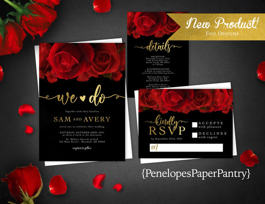 Red Florals with Gold Foil and Black Background Rose Wedding Invitation, Set, or Suite