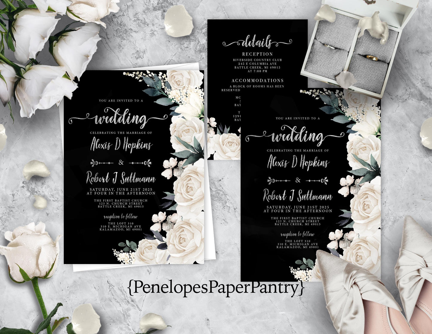 White Florals with Black Background Rose Wedding Invitation, Set, or Suite