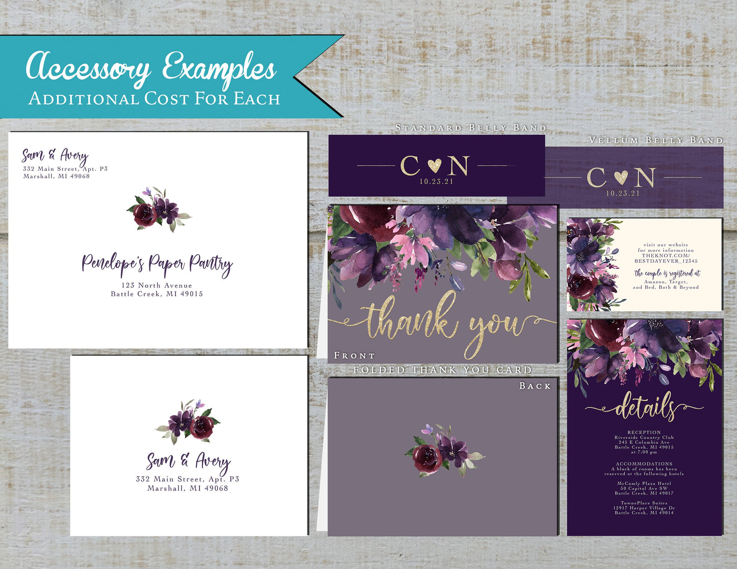 Elegant Dusty Purple Floral Summer Wedding Invitation Personalized Plum Violet Magenta Gold Print Shimmery Printed Invitations With Envelope