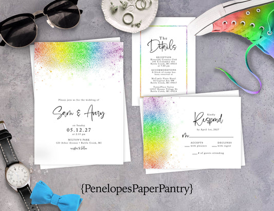 LGBTQ+ Rainbow Glitter Traditional Wedding Invitation, Sets, or Suite