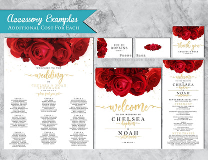 Red Florals with White Background Rose Wedding Invitation, Set, or Suite