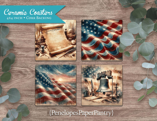 Vintage Patriotic Americana Ceramic Coasters Set Of Four Rustic Gift For Military Gift For Him Gift For Her Cork Back Unique Flag Freedom