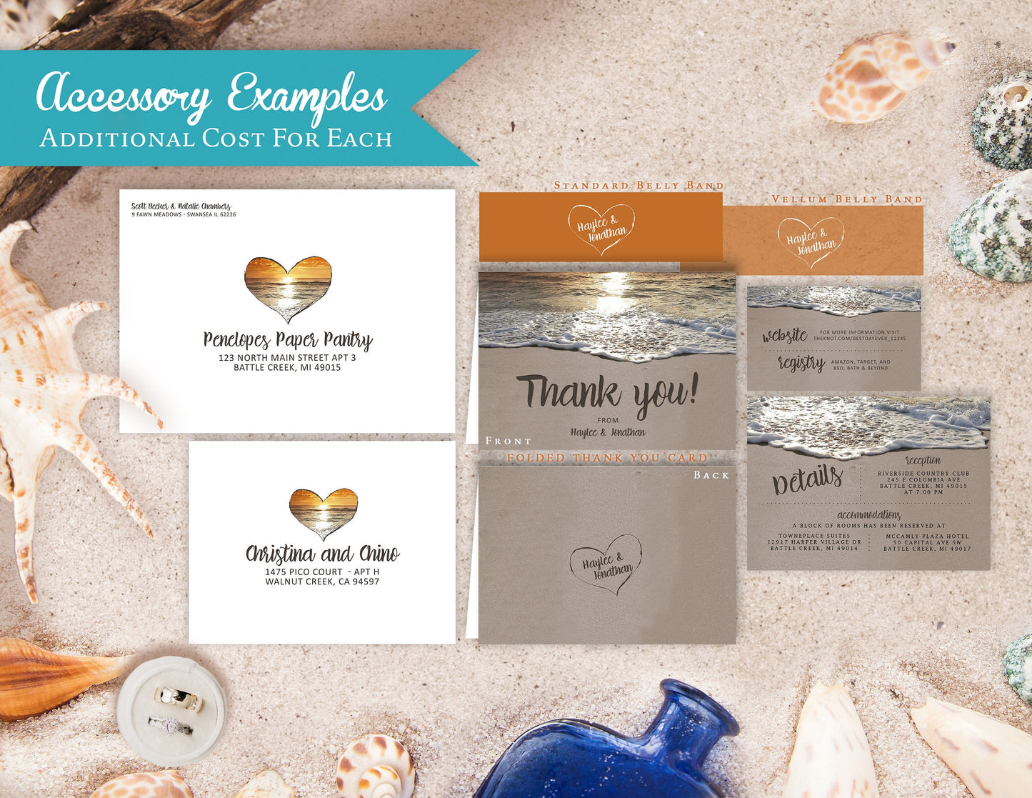 Romantic Sunset Beach Wedding Invitation Personalized Heart In The Sand Initial Tropical Destination Hawaii Printed Invitation With Envelope
