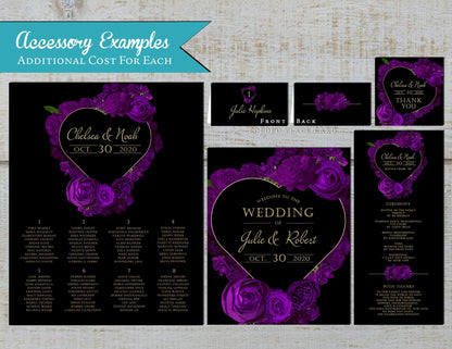 Purple Floral Heart Wreath with Black Background Rose Wedding Invitation, Set, or Suite