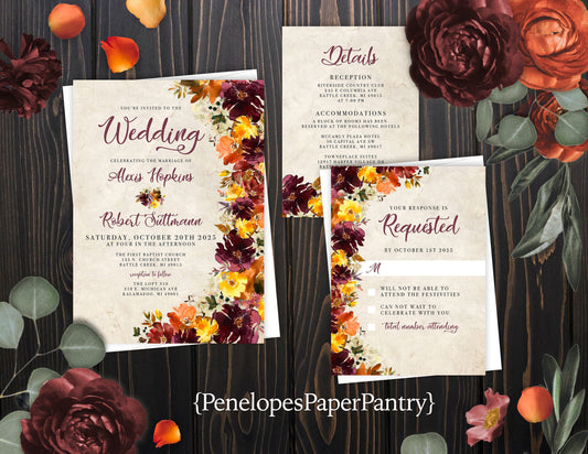 Rustic Floral Fall Wedding Invitation – Burgundy & Burnt Orange Florals, Parchment Background & Calligraphy – Personalized Printed Invitations with Envelopes