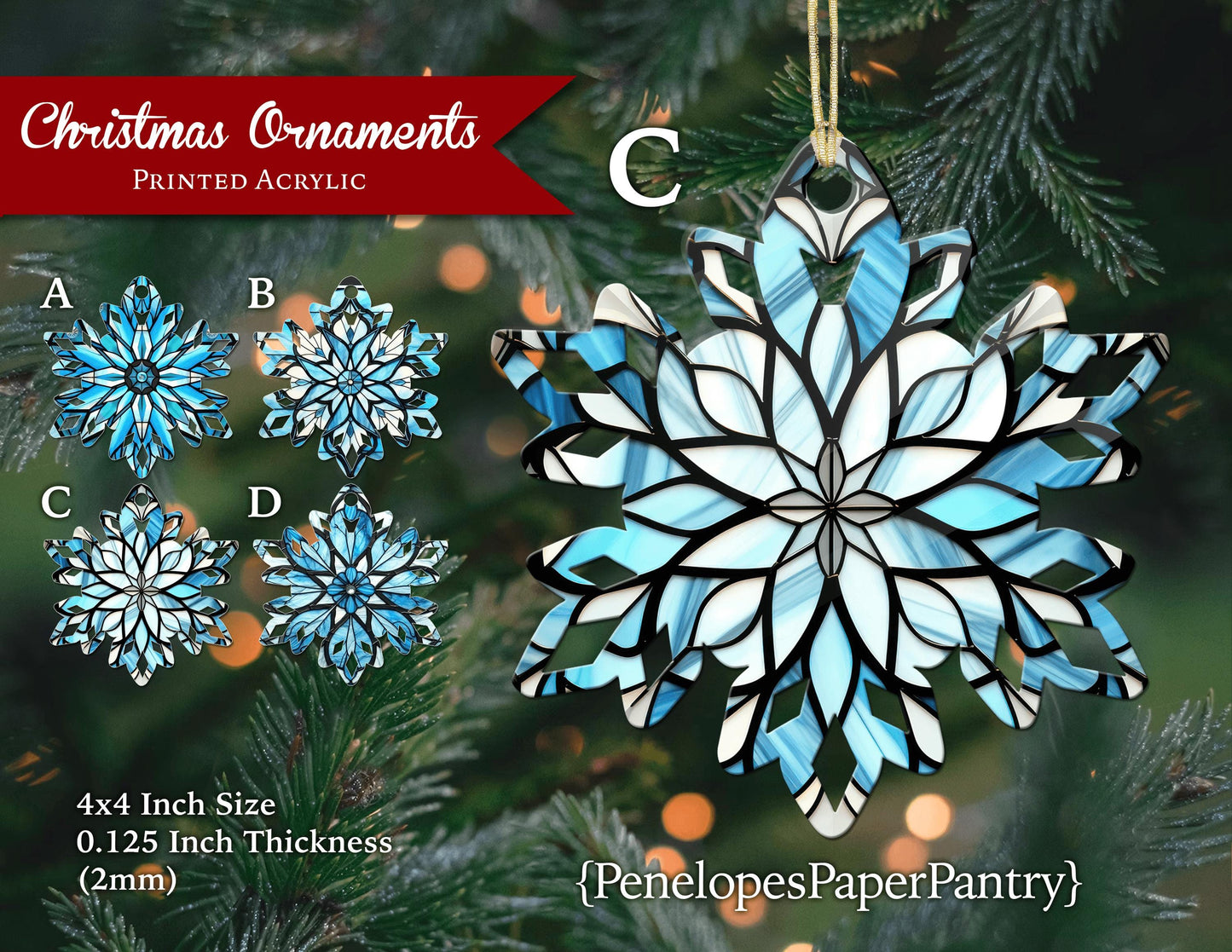 Unique Snowflake Christmas Tree Ornaments Faux Stained Glass Acrylic Four Designs Able To Personalize Gift For Her Gift For Him Keepsake