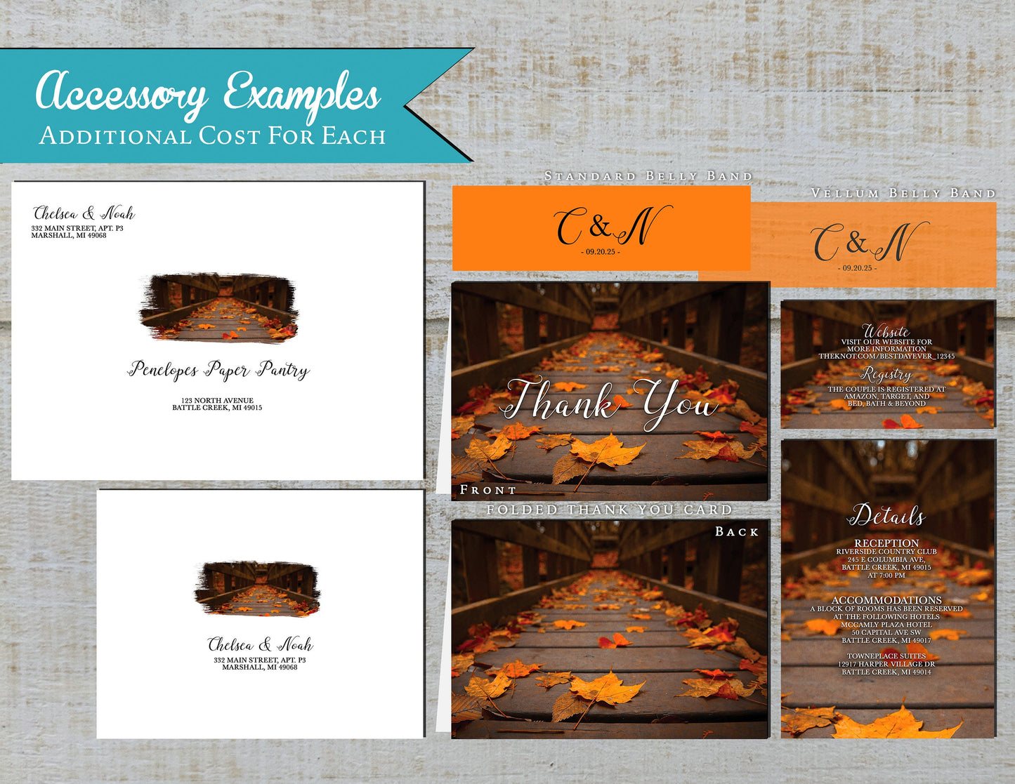 Orange Leaves on a Walkway Scene Fall Wedding Invitation, Set, or Suite