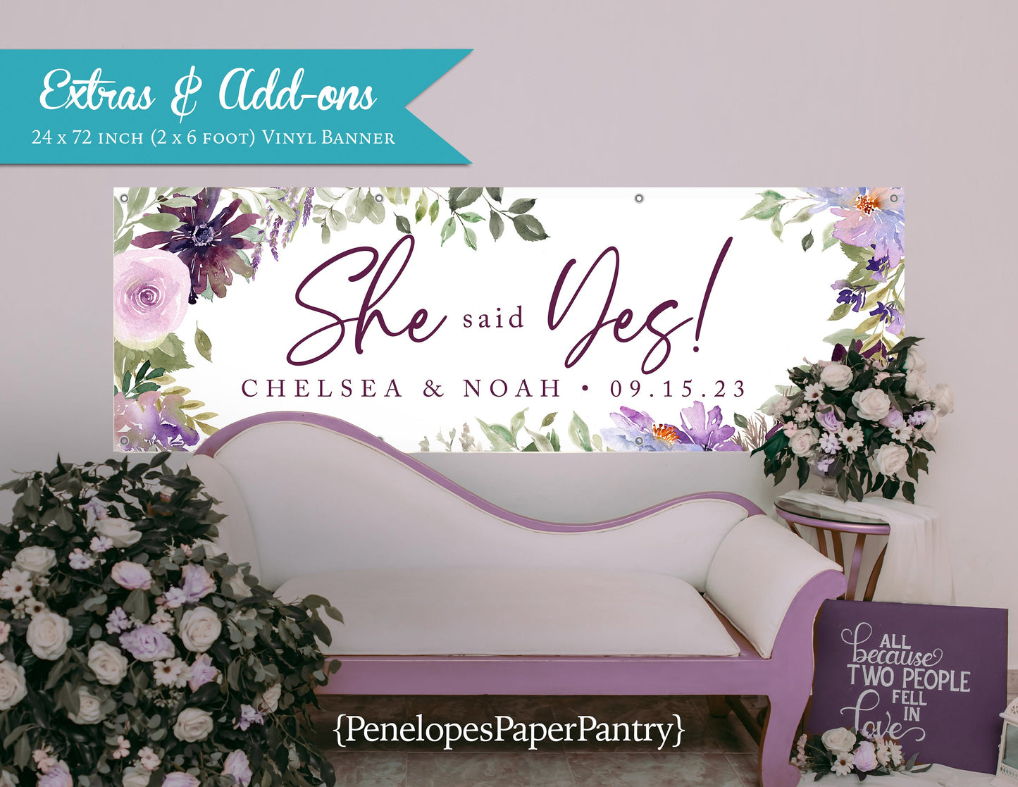 Purple Floral Hues Engagement Vinyl Banner with Grommets