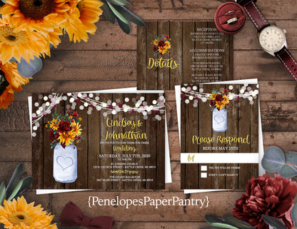 Sunflower and Burgundy Florals in Mason Jar on Brown Wood Background Fall Wedding Invitation, Set, or Suite