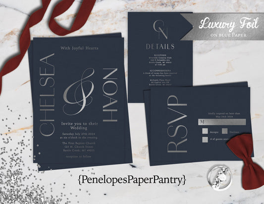 Luxury Silver Foil on Navy Blue Paper Traditional Wedding Invitation, Sets, or Suite