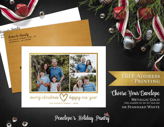 Simple Elegant Christmas Photo Card – Personalized Gold Foil Holiday Card with Multiple Photos & Envelopes