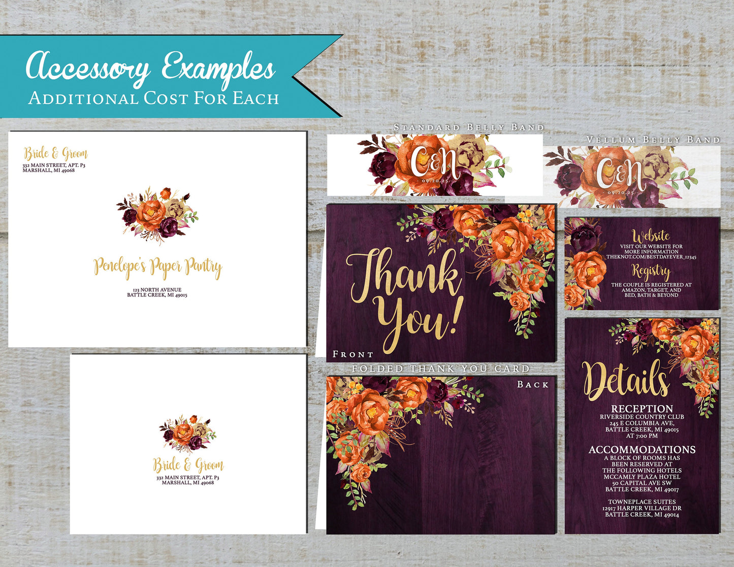 Orange and Plum Florals on Purple Barnwood Fall Wedding Invitation, Set, or Suite