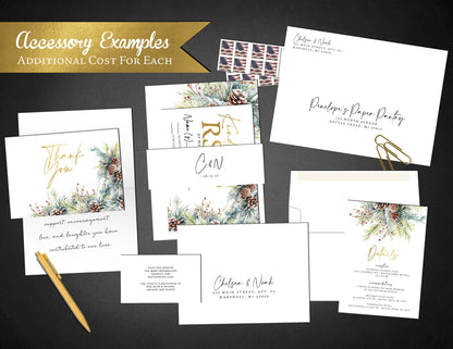 Fancy Winter Wedding Invitation – Pine Branches, Pine Cones, Gold Foil Calligraphy, Custom Printed with Envelopes Included
