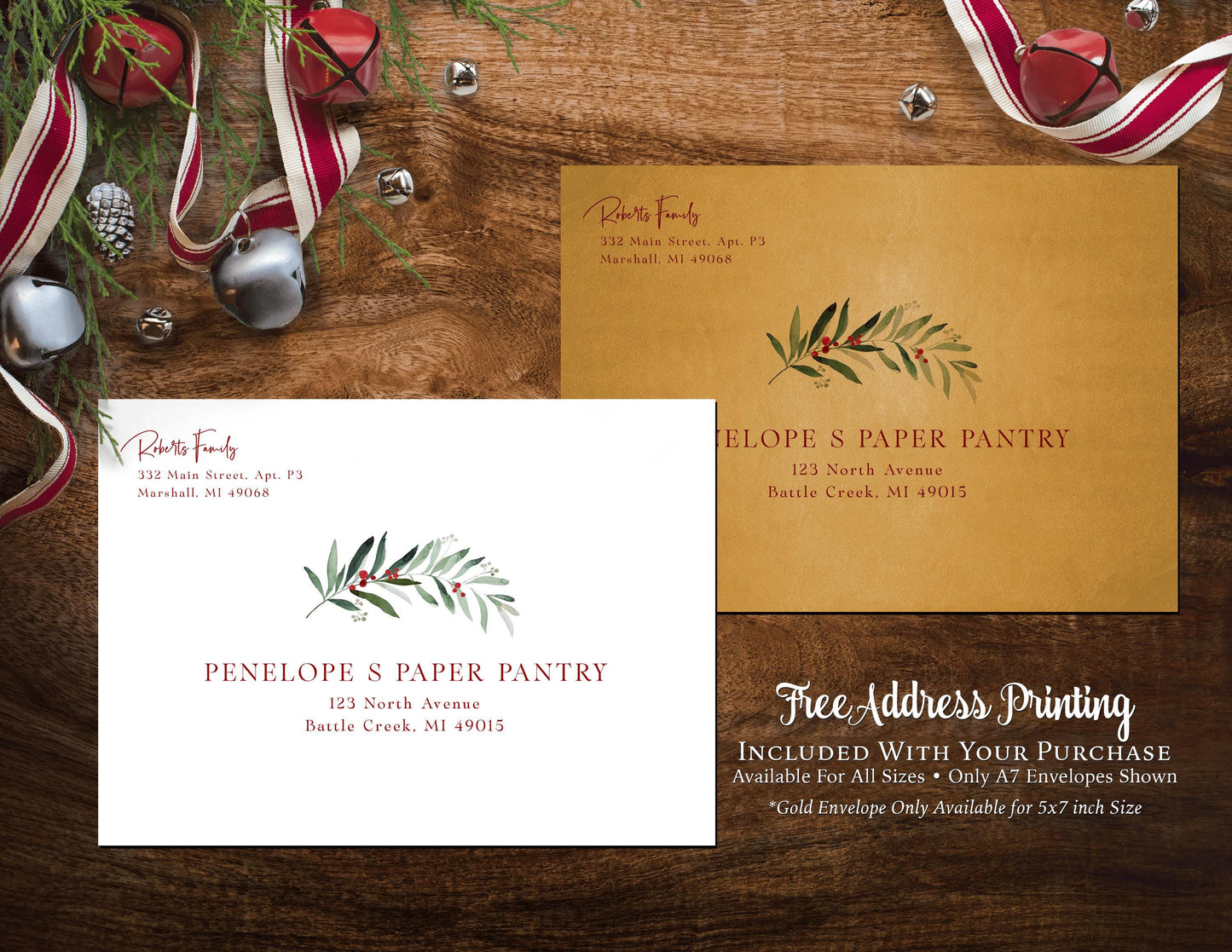 Traditional Christmas Photo Card | Personalized Green Red Mistletoe Holiday Card