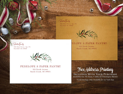 Traditional Christmas Photo Card | Personalized Green Red Mistletoe Holiday Card