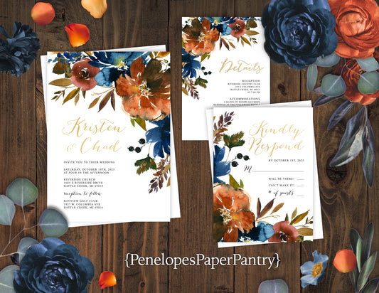 Turquoise, Navy, and Burnt Orange Florals on White Background Fall Wedding Invitation, Set, or Suite