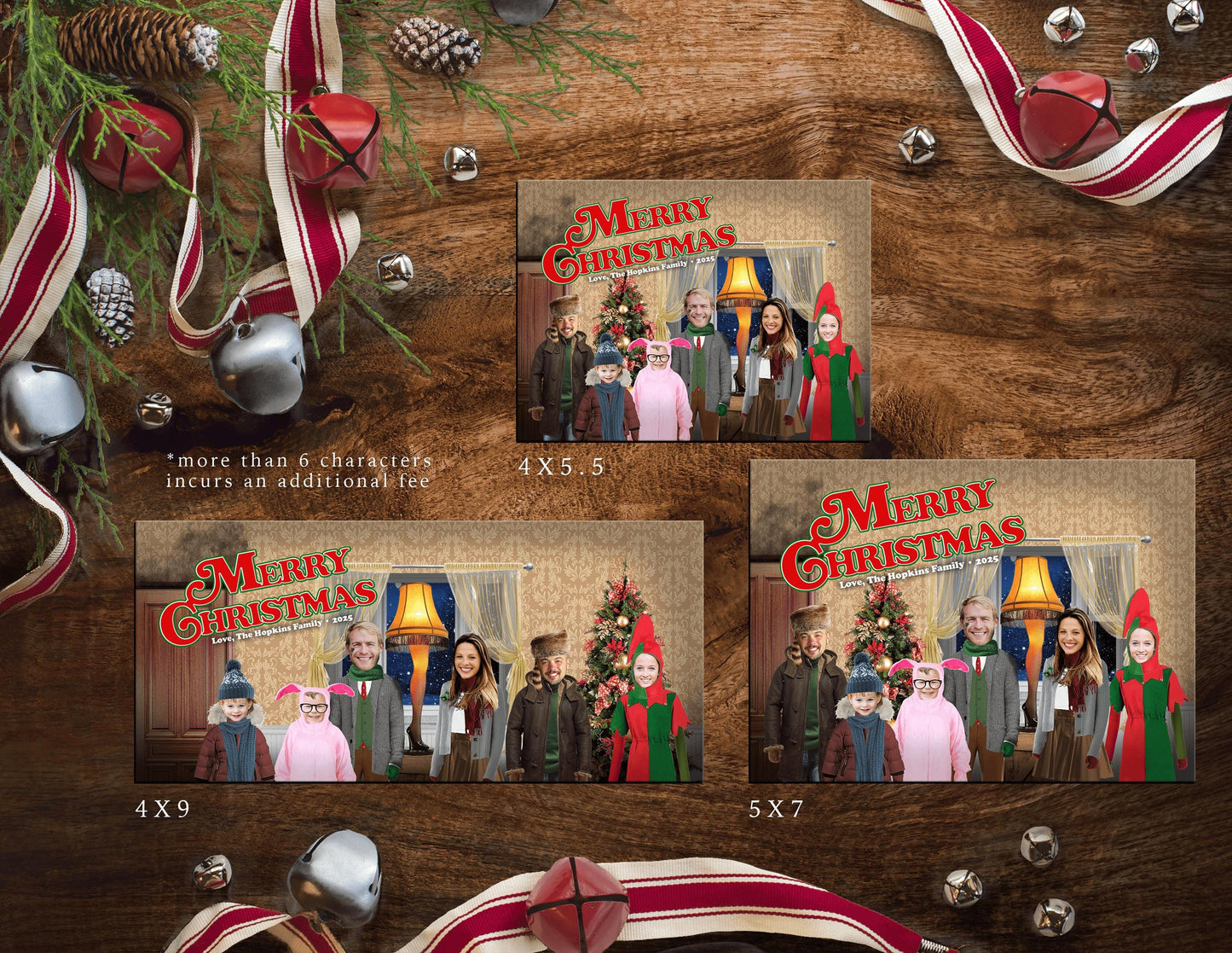 Funny A Christmas Story Family Photo Card | Personalized Ralphie Pink Bunny Pajamas & Leg Lamp