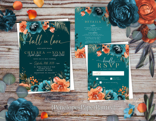 Teal Fall Wedding Invitation – Burnt Orange Rose & Gold “Fall In Love” – Personalized Shimmery Printed Invite with Envelope Included