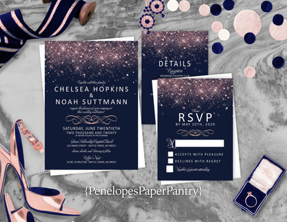 Pink Faux Glitter with Navy Blue Background Wedding Invitation, Set, or Suite