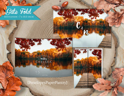 Gatefold Fall Wedding Invitation – Lake Dock & Autumn Leaves – Personalized Vibrant Printed Invite with Envelopes Included