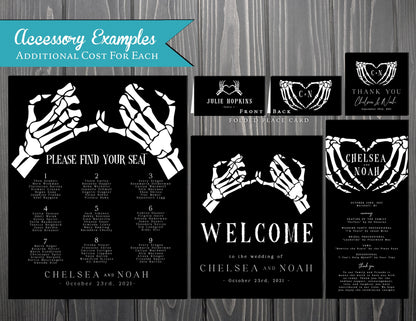 Romantic Halloween Wedding Invitation – Skeleton Hands Heart, Black & White – Personalized Printed Invitations with Envelopes Included