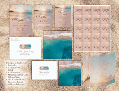 9 Piece Beach Heart in Sand Wedding Bundle with Address Printing