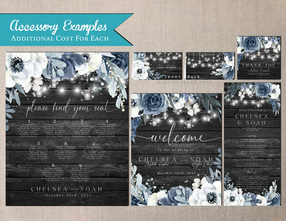 Dusty Blue Roses on Grey Wood with Fairy Light Summer Wedding Invitation, Set, or Suite