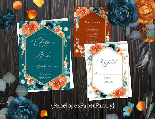 Orange and Teal Florals on Teal, Orange, and White Background Fall Wedding Invitation, Set, or Suite