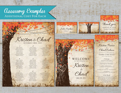 Rustic Fall Wedding Invitation – Personalized Oak Tree with Carved Heart & Barn Lights | Burnt Orange Leaves Design