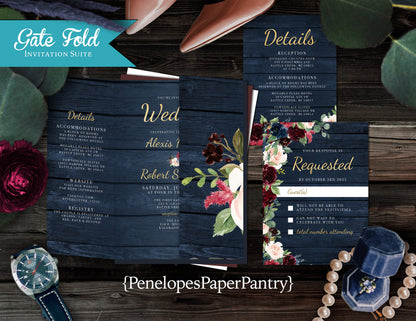 Gatefold Navy, Blush, and Burgundy Florals with Blue Wood Background Folded Wedding Invitation, Set, or Suite