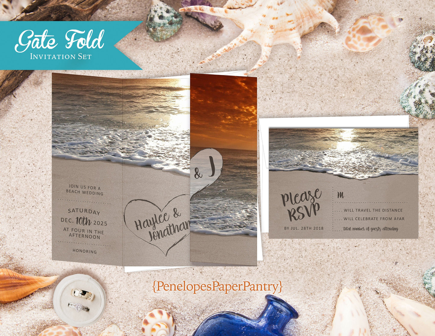 Gatefold Sunset Beach Heart in The Sand Folded Wedding Invitation, Set, or Suite