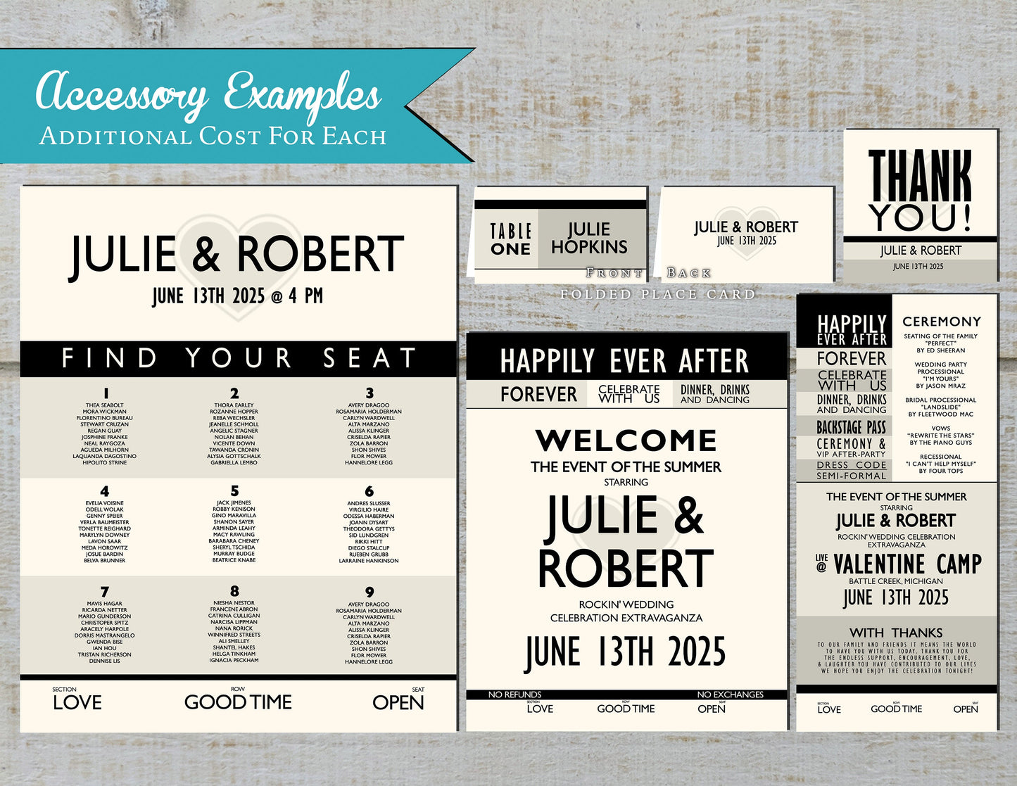 Unique Concert Ticket Wedding Invitation Personalized Black Ivory Rock and Roll Country Hip Hop Classical Printed Invitations With Envelope