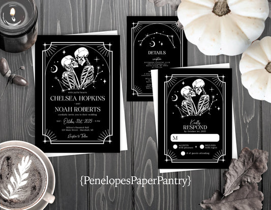 Halloween Wedding Invitation – Skeleton Couple Gothic Black & White – Personalized Spooky Printed Invite with Envelope Included