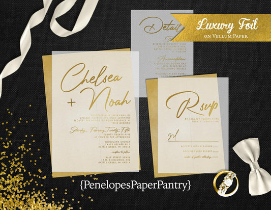 Vellum Typography with Gold Foil Wedding Invitaiton, Set, or Suite