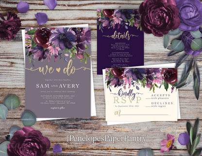 Elegant Dusty Purple Floral Summer Wedding Invitation Personalized Plum Violet Magenta Gold Print Shimmery Printed Invitations With Envelope