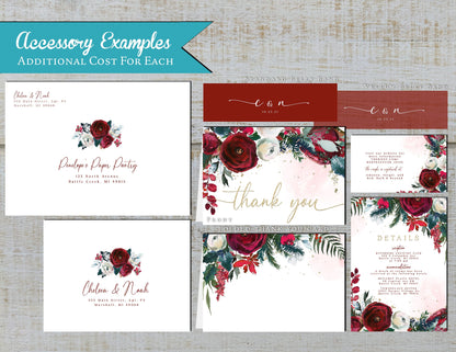 Red and Green Florals with White Background Winter Wedding Invitation, Set, or Suite