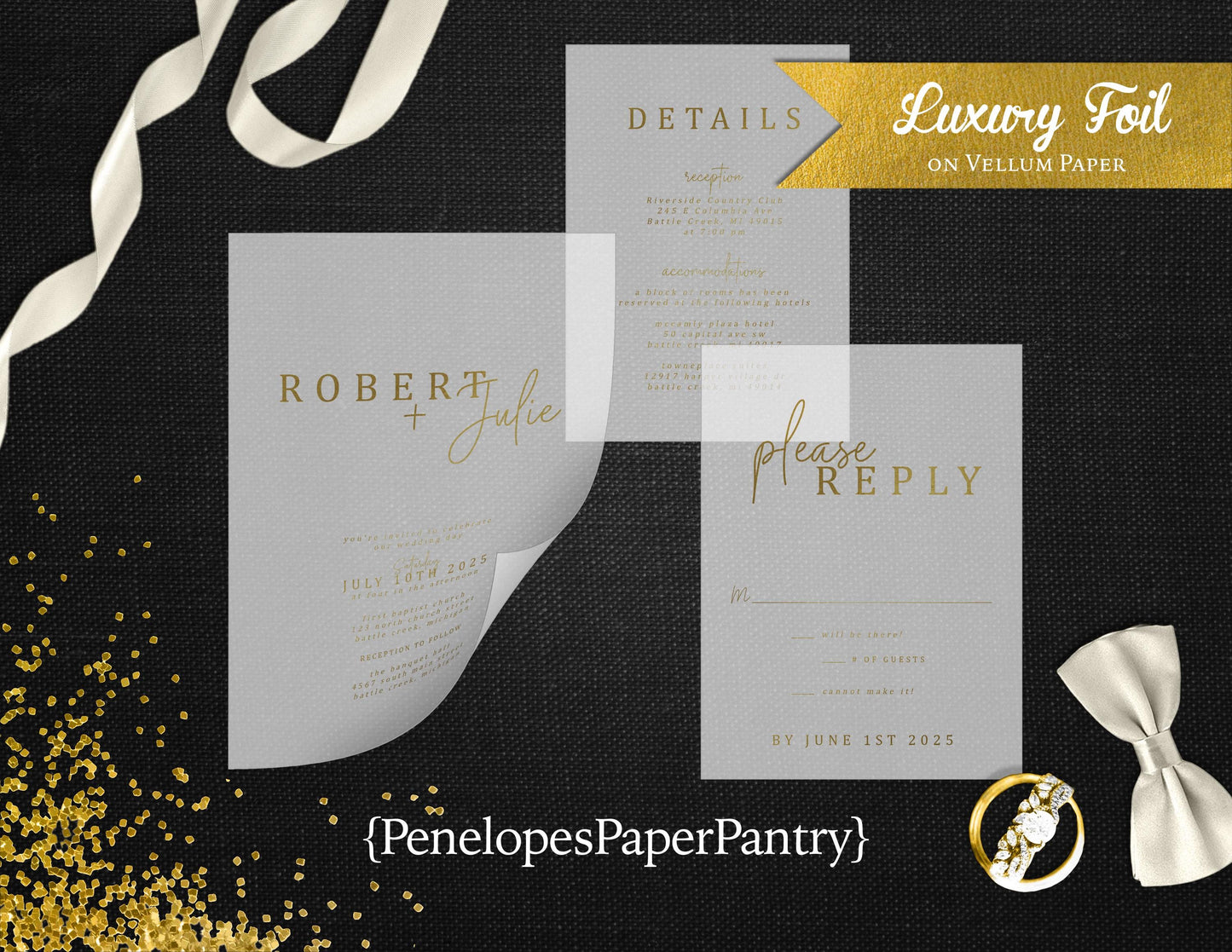 Vellum Typography with Gold Foil Wedding Invitaiton, Set, or Suite