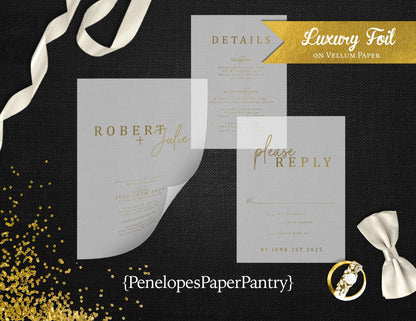 Vellum Typography with Gold Foil Wedding Invitaiton, Set, or Suite
