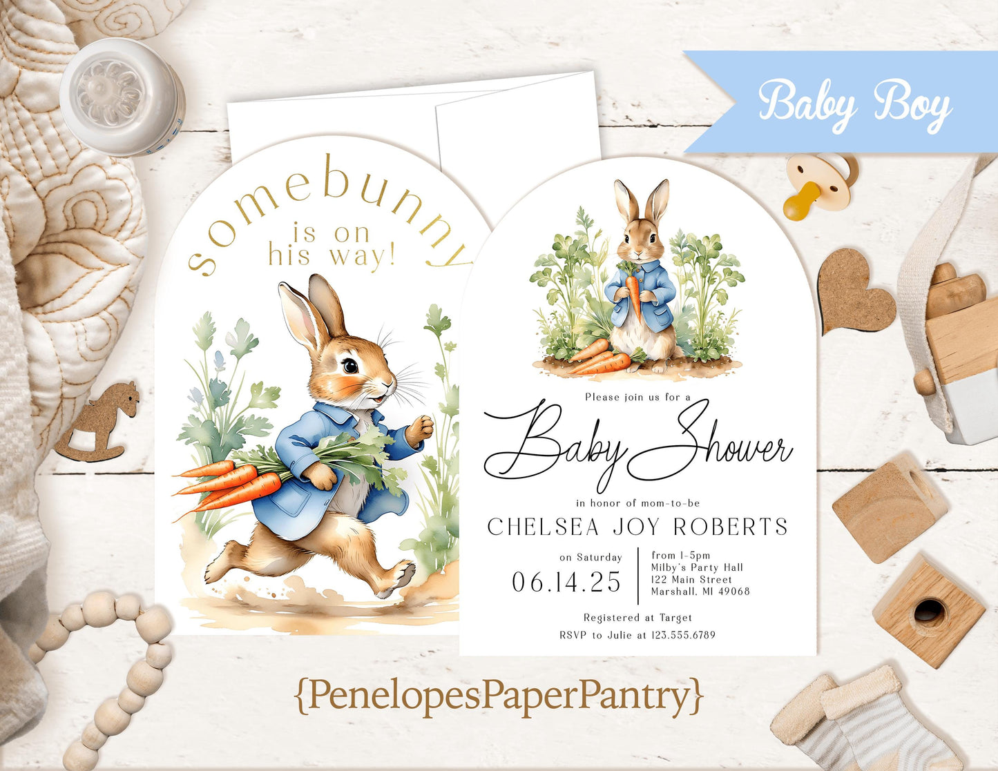 Personalized Peter Rabbit Baby Shower Invitation with Gold Foil - Gender Neutral Printed Design  Envelopes