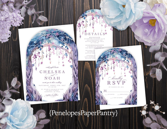 Elegant Whimsical Ethereal Tree Arch Summer Wedding Invitation Personalized Blue Purple Shimmery Printed Invitation Envelope Included Unique