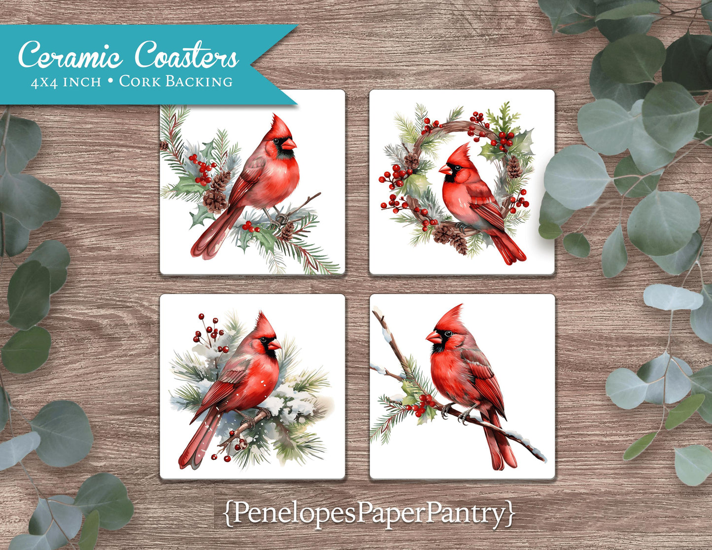 Red Cardinal Ceramic Coasters Set Of Four Christmas Decor Printed Winter Scene Gift For Her Gift For Him Cork Back Unique Stocking Stuffer