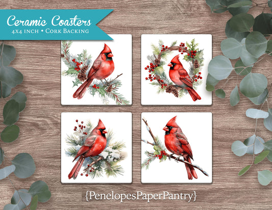 Red Cardinal Ceramic Coasters Set Of Four Christmas Decor Printed Winter Scene Gift For Her Gift For Him Cork Back Unique Stocking Stuffer