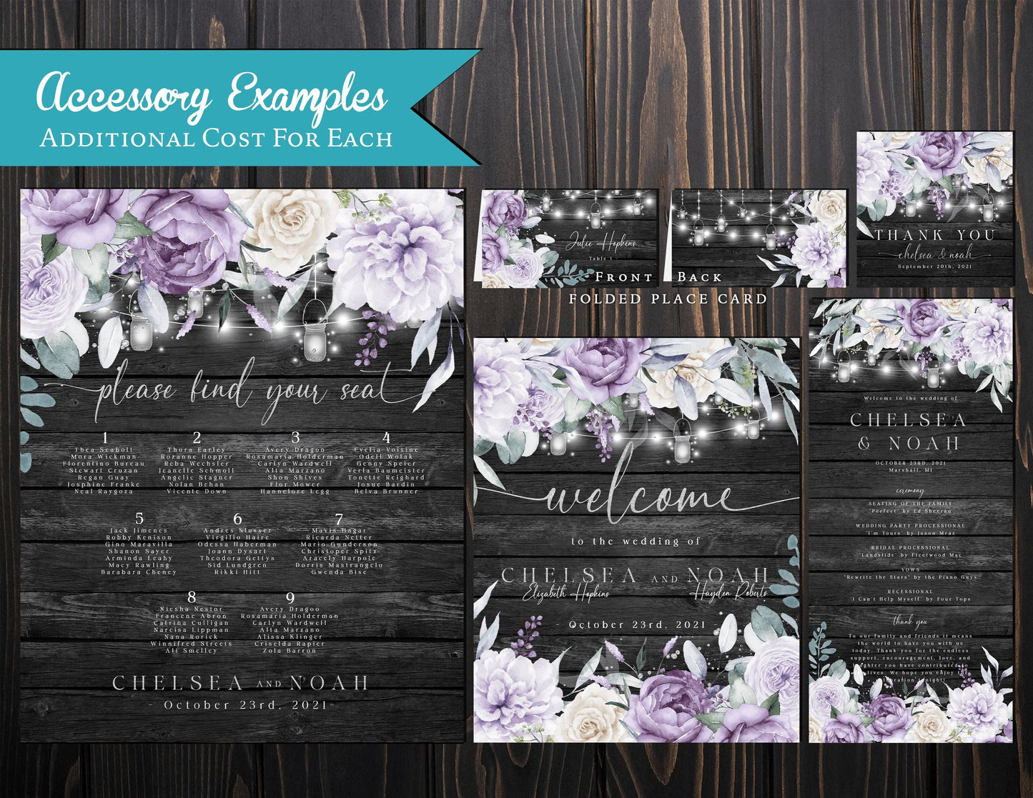 Rustic Gray Floral Summer Wedding Invitation Personalized Barn Wood Purple Lavender Lilac Fairy Lights Printed Invitation Envelopes Included