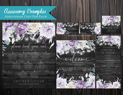 Rustic Gray Floral Summer Wedding Invitation Personalized Barn Wood Purple Lavender Lilac Fairy Lights Printed Invitation Envelopes Included
