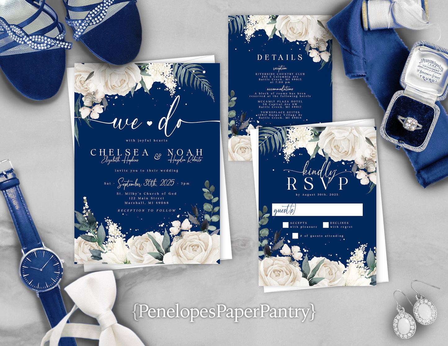 Wedgwood Blue and White Rose Summer Wedding Invitation, Set, or Suite